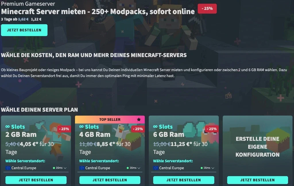 Eine Website bietet die Vermietung von Minecraft-Servern mit über 250 Modpacks an. Zur Auswahl stehen 2, 4 oder 6 GB RAM sowie individuelle Konfigurationen. Auf farbenfrohen Bannern werden Preise, Server-Slots, eine Schaltfläche „Jetzt bestellen“ sowie Gportal-Gutscheinangebote für 25% Rabatte angezeigt.
