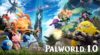 Vor einem hohen Turm stehen sich bunte Kreaturen und Figuren gegenüber, wobei eine gelbe Kreatur eine Minigun schwingt. Unten rechts ist das „Palworld 1.0“-Logo zu sehen, das die Spannung rund um den Steam-Sommer-Sale unterstreicht.