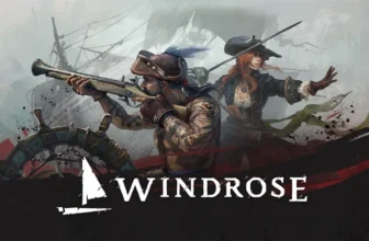 Zwei Piraten stehen kampfbereit da; der eine zielt mit einer Muskete, während der andere nach vorne deutet. Sie tragen altmodische Kleidung. Unten sind das Wort „Windrose“ und ein Schiffslogo zu sehen. Im Hintergrund sind Schiffsmasten und ein stürmischer Himmel zu erkennen.