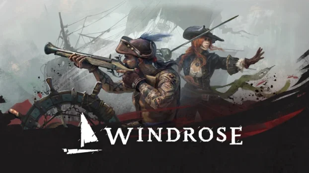 Zwei Piraten stehen kampfbereit da; der eine zielt mit einer Muskete, während der andere nach vorne deutet. Sie tragen altmodische Kleidung. Unten sind das Wort „Windrose“ und ein Schiffslogo zu sehen. Im Hintergrund sind Schiffsmasten und ein stürmischer Himmel zu erkennen.